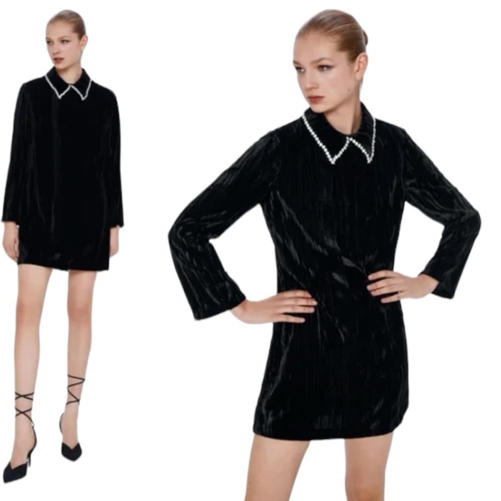 ZARA Black Textured Crushed‎ Velvet Rhinestone Collar Mini Dress XS Party  Event